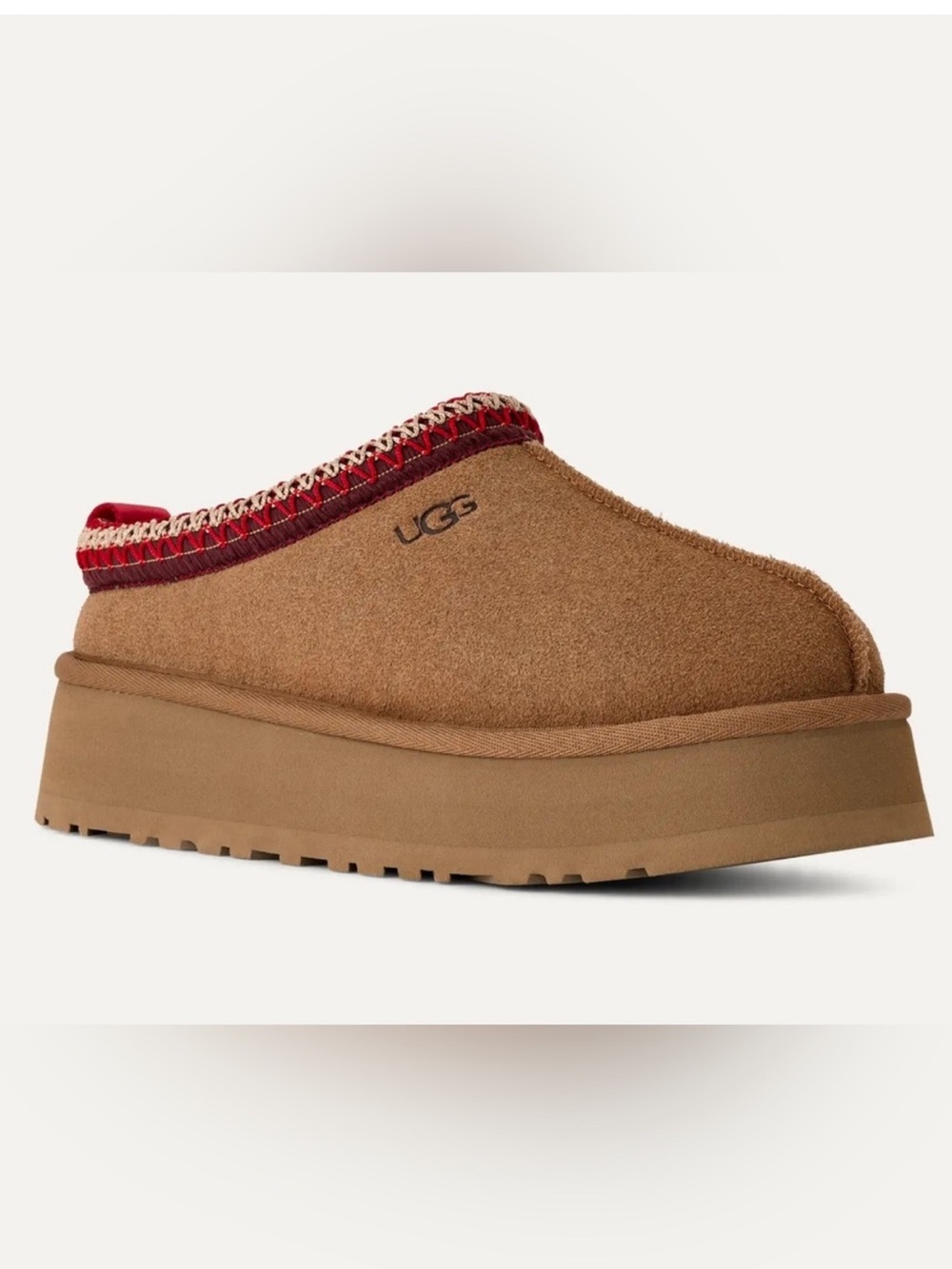 UGG Tasman Women's Chestnut Suede Platform Mule with Red Accent